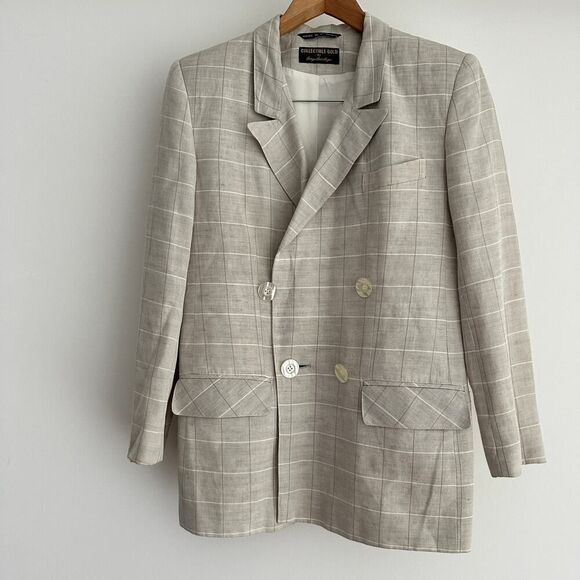 Vintage Linen Blend Jacket Women 6 Plaid Neutral Minimalist Old Money Equestrian - Picture 8 of 12